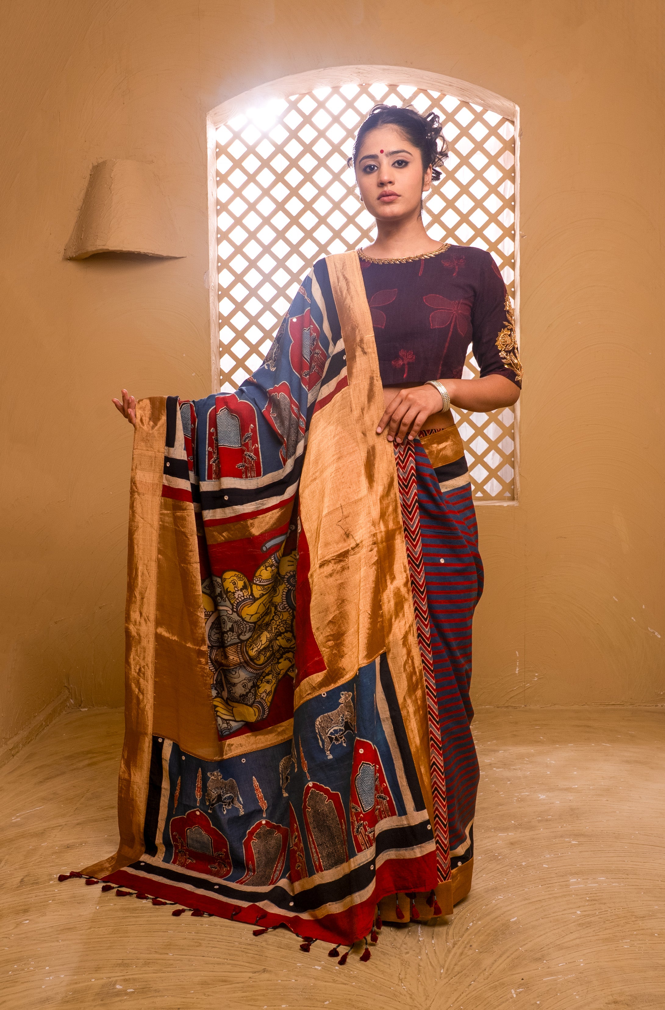 Ajrakh Mulmul Ganesha Saree