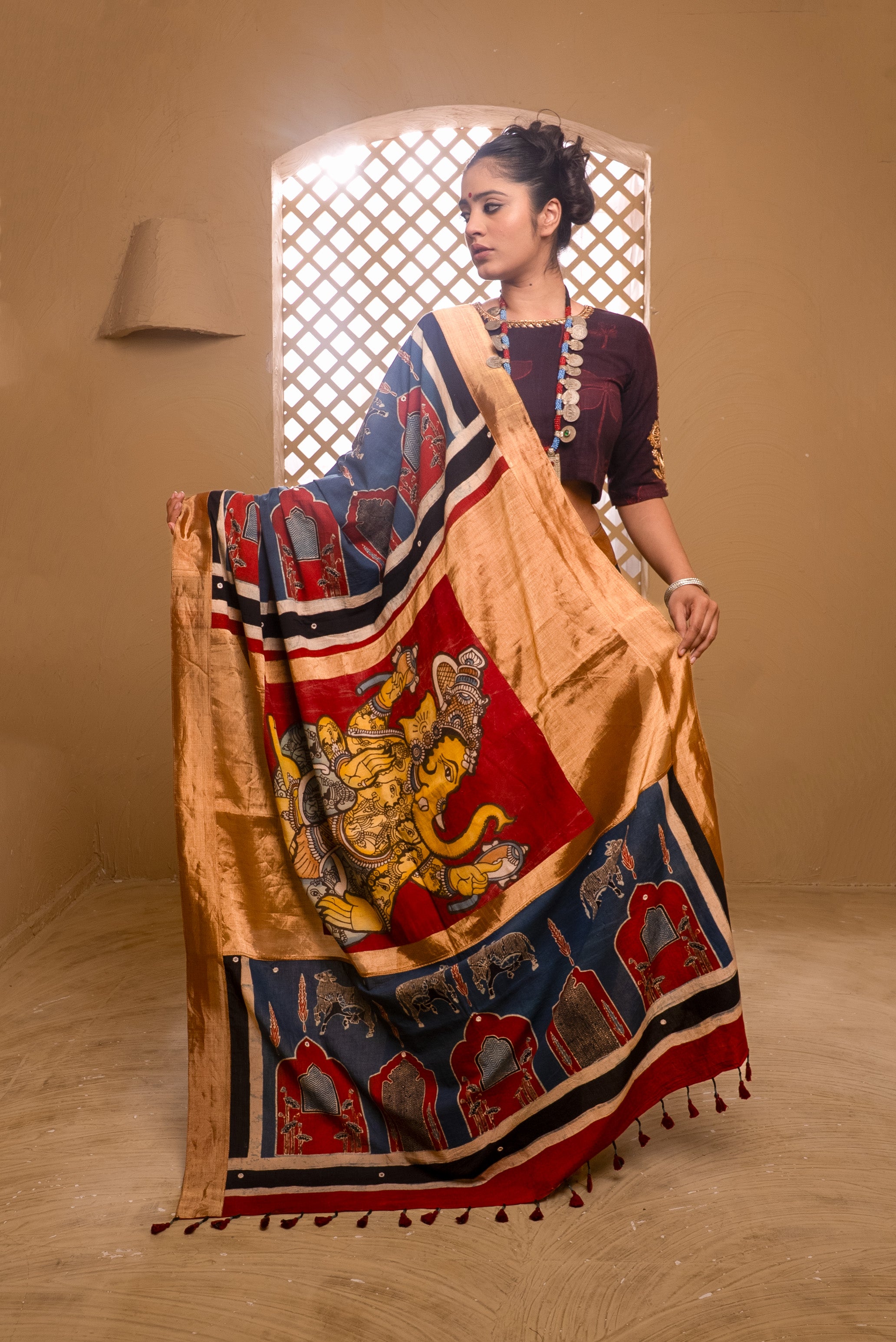 Ajrakh Mulmul Ganesha Saree