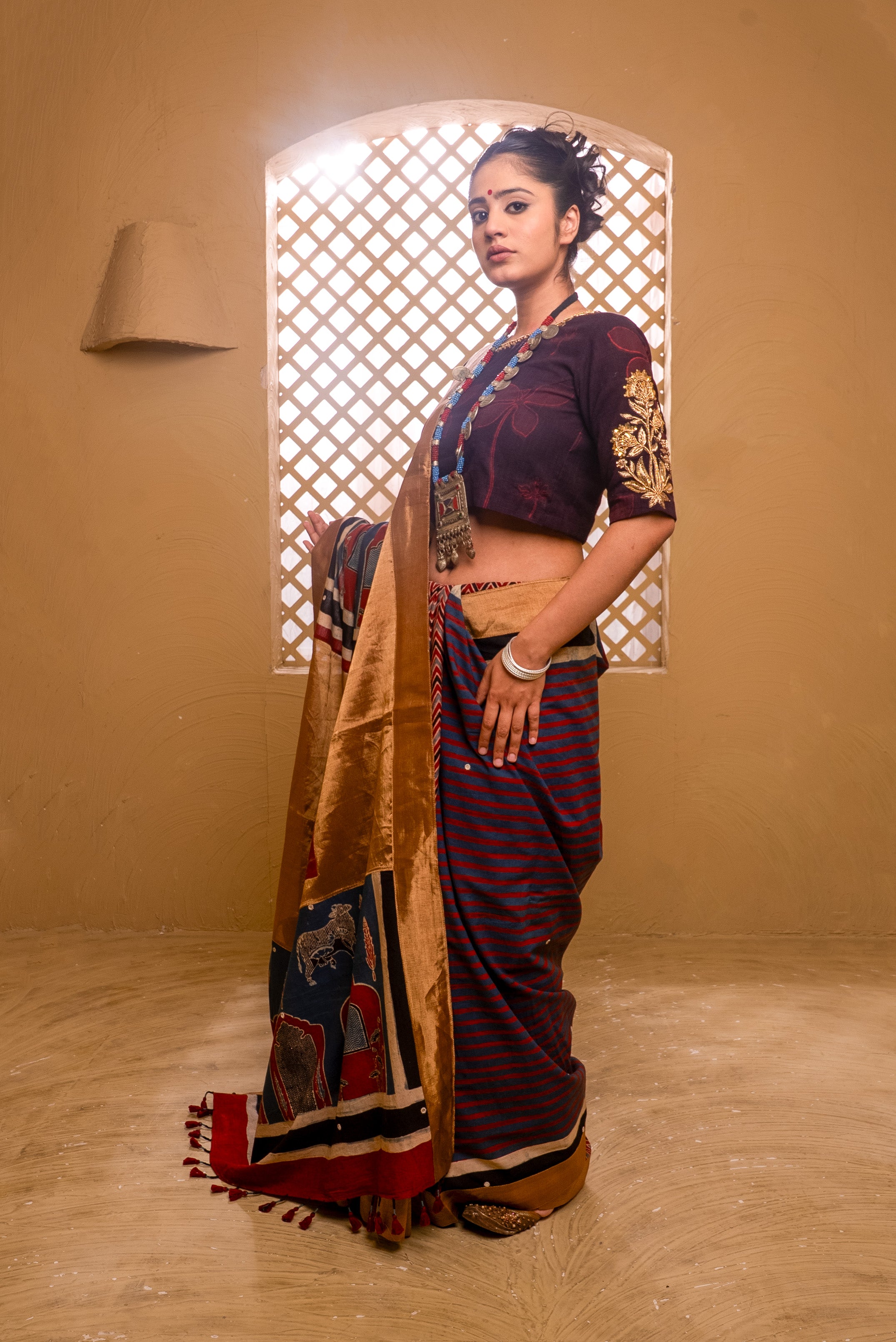 Ajrakh Mulmul Ganesha Saree