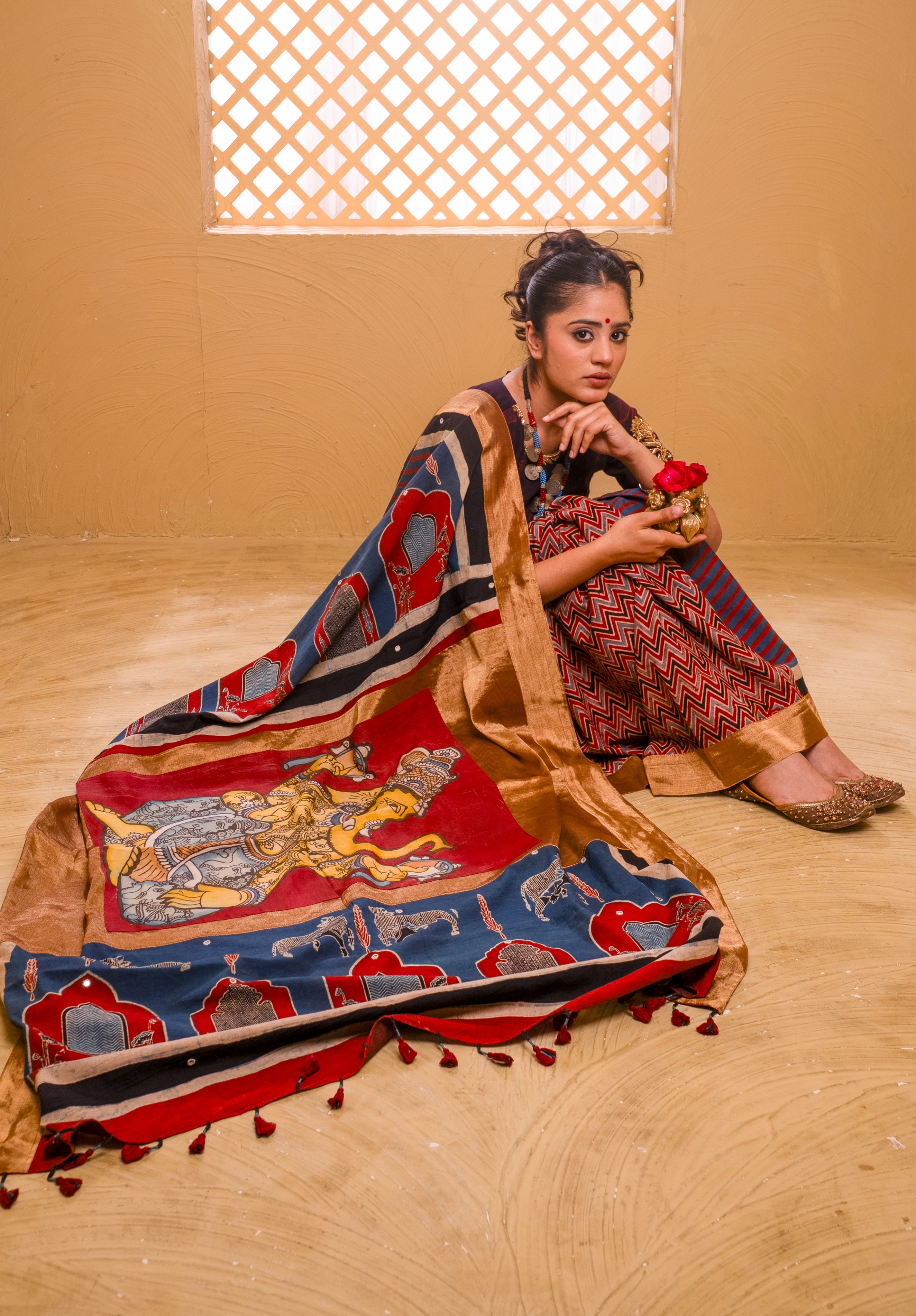 Ajrakh Mulmul Ganesha Saree