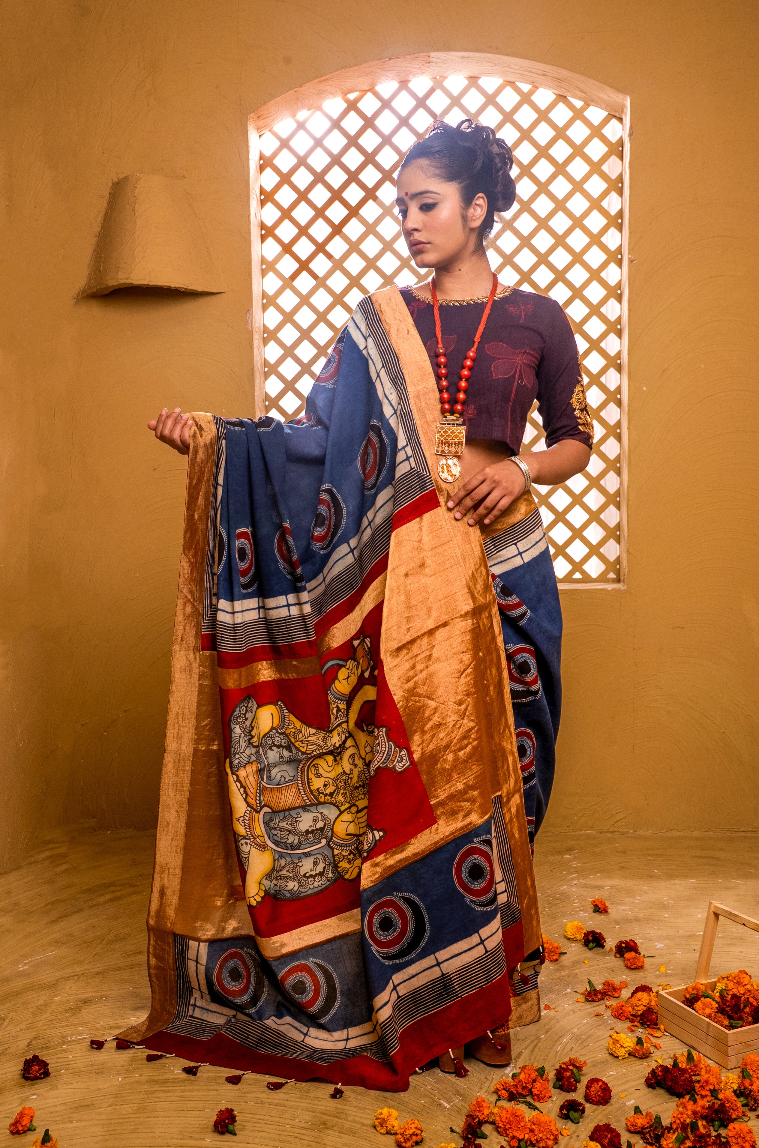 Ajrakh Mulmul Ganesha Saree
