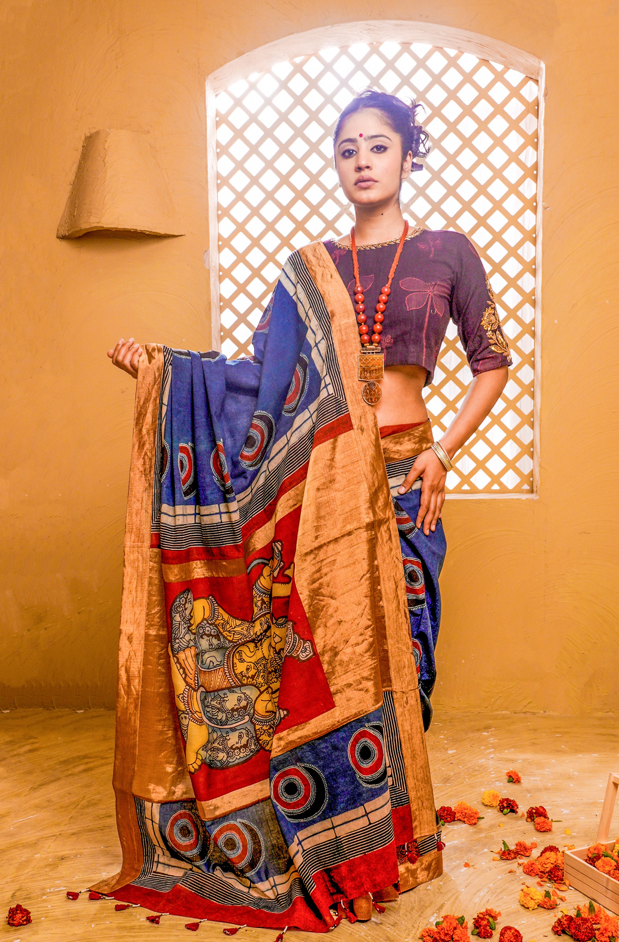 Ajrakh Mulmul Ganesha Saree