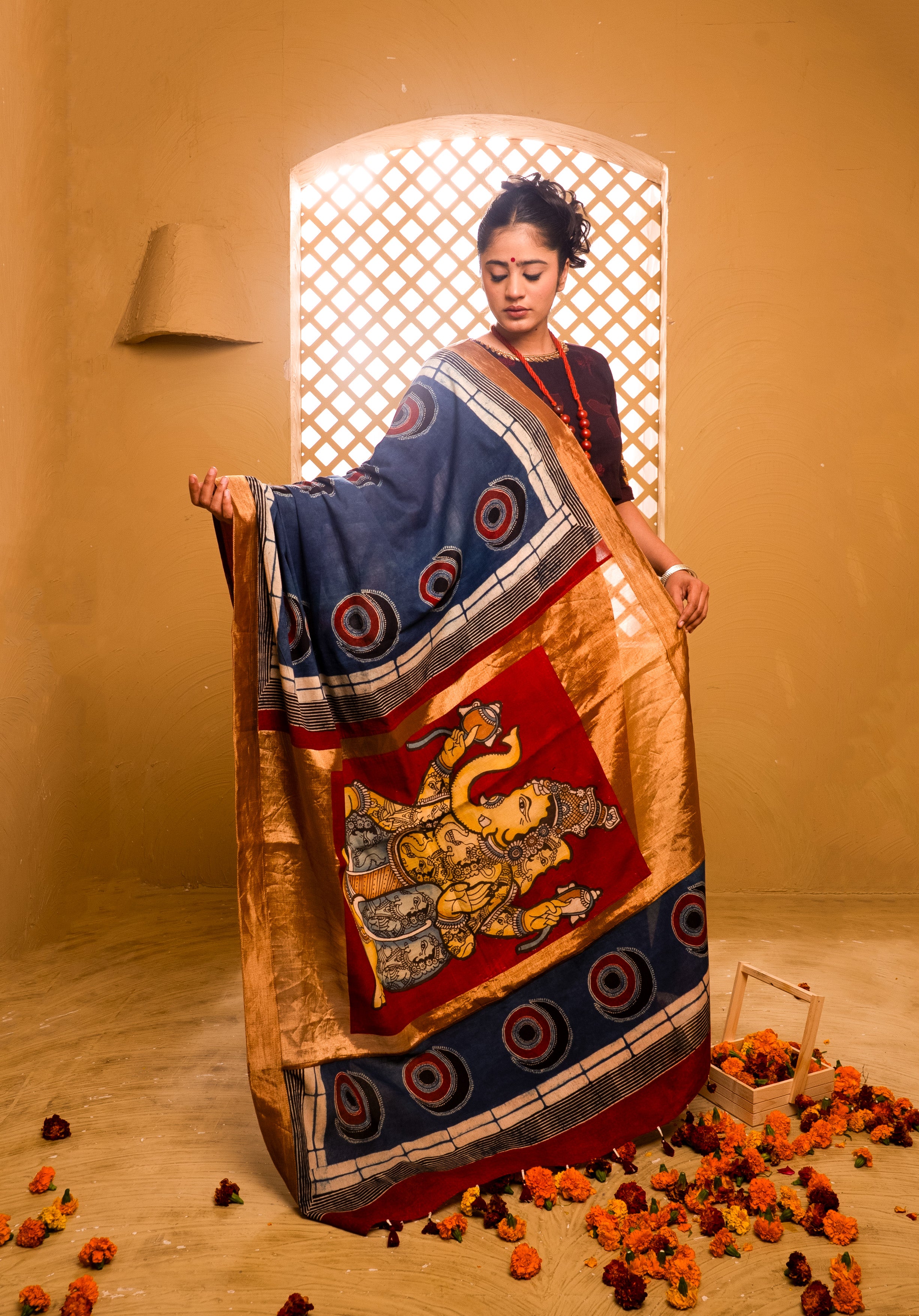 Ajrakh Mulmul Ganesha Saree