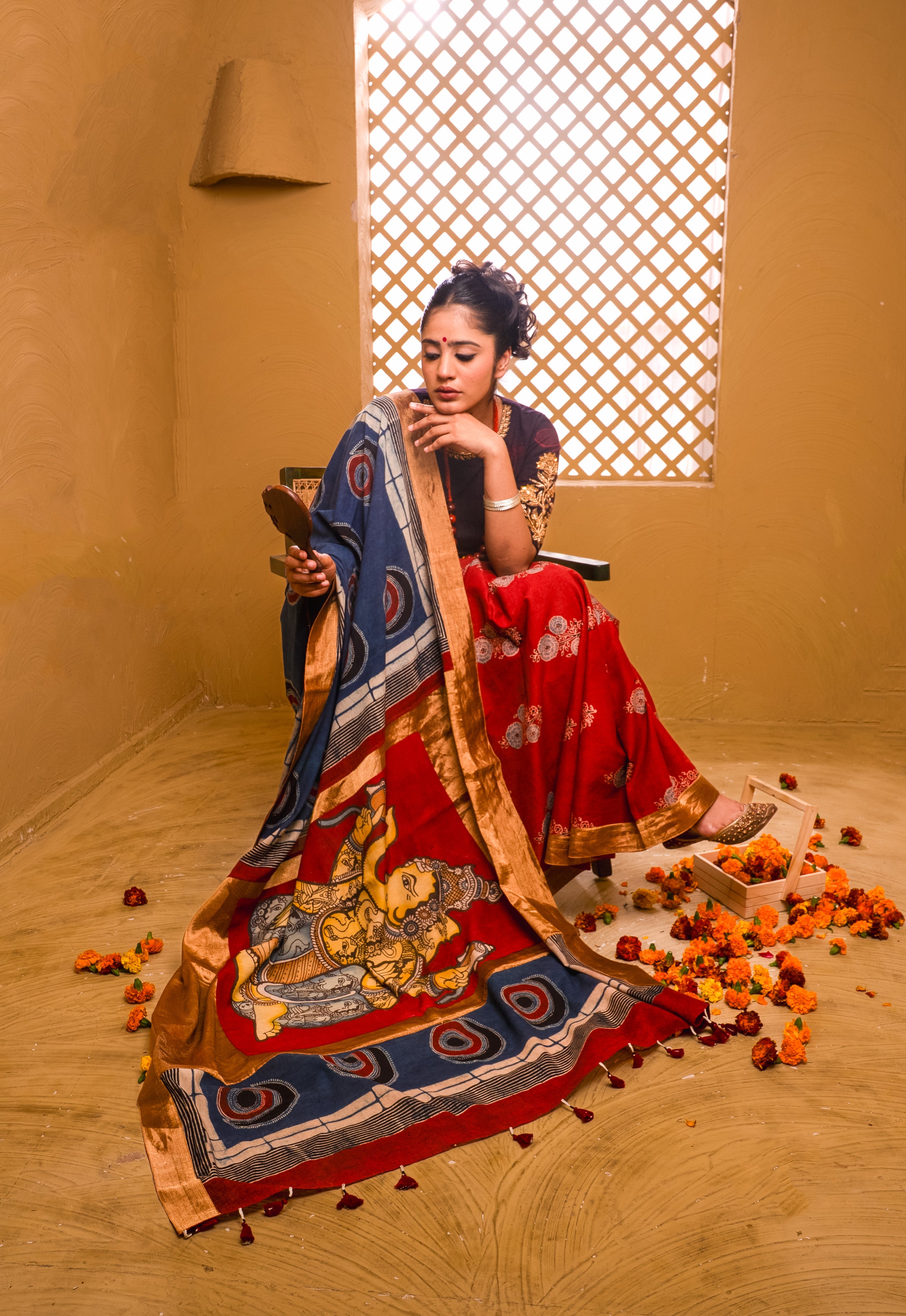 Ajrakh Mulmul Ganesha Saree